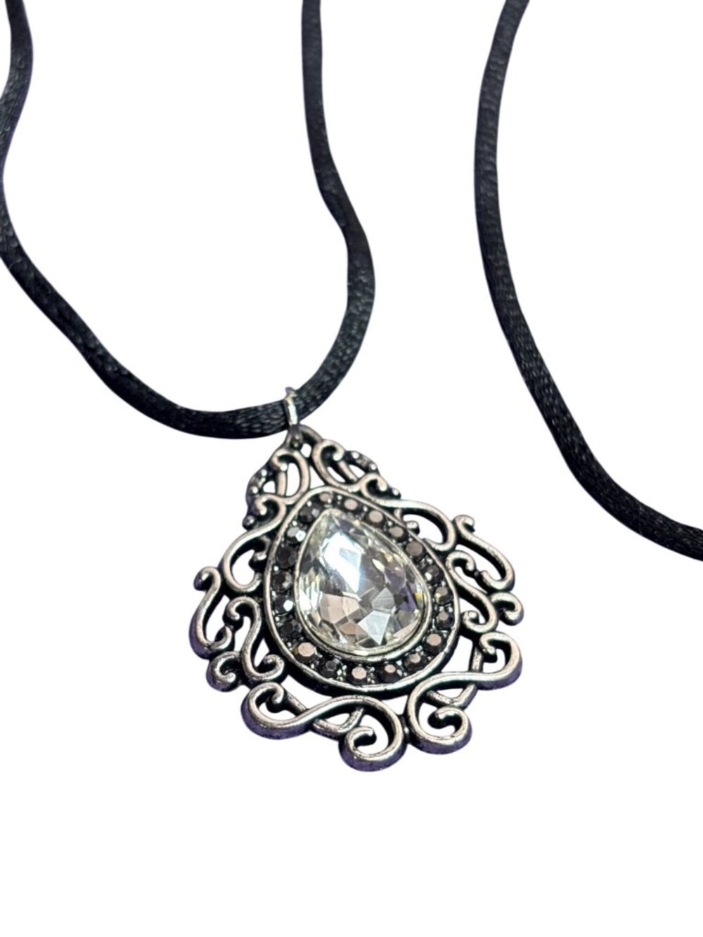 Silvertone Clear Rhinestone Teardrop Pendant Necklace Black Rhinestone Halo